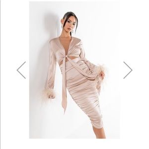 NWT TIE FRONT REAL FEATHER SATIN MIDI DRESS